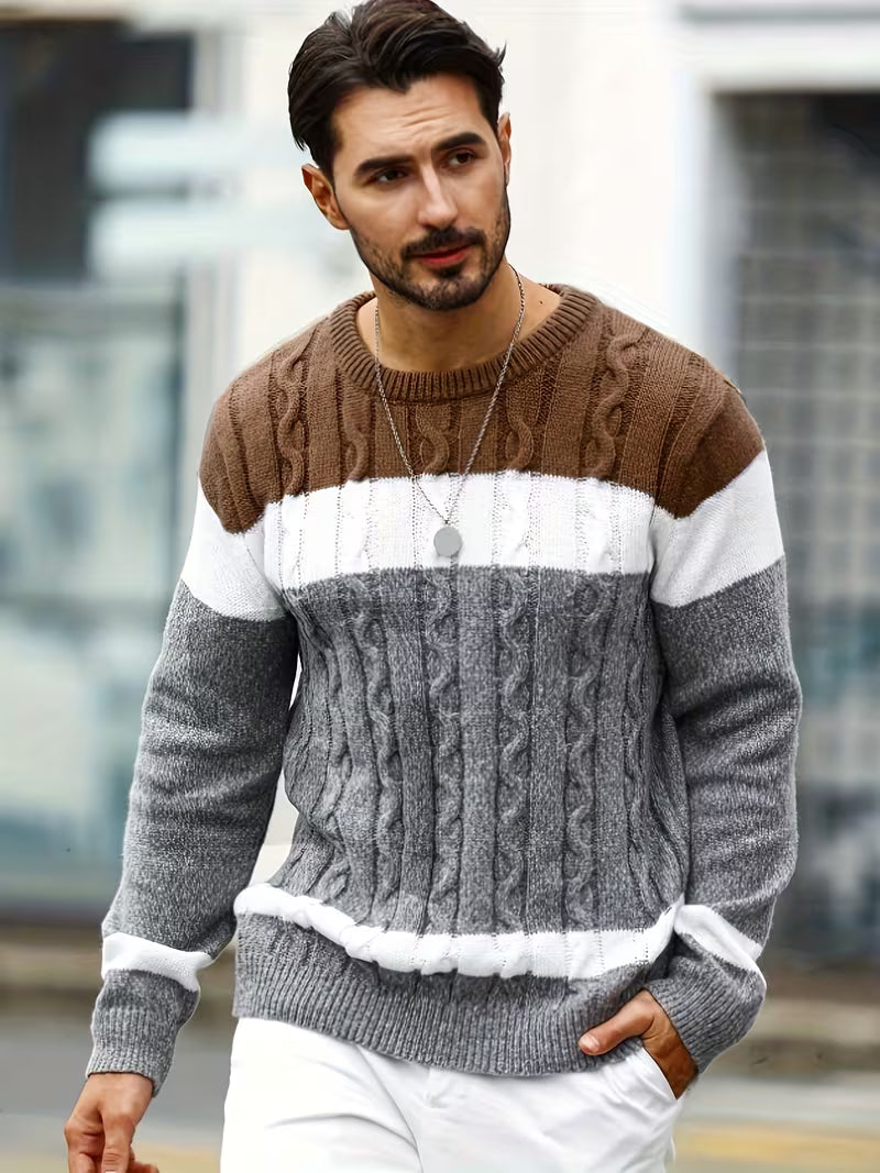 Pull torsadé col rond en maille color block coupe classique homme – Rocamadour