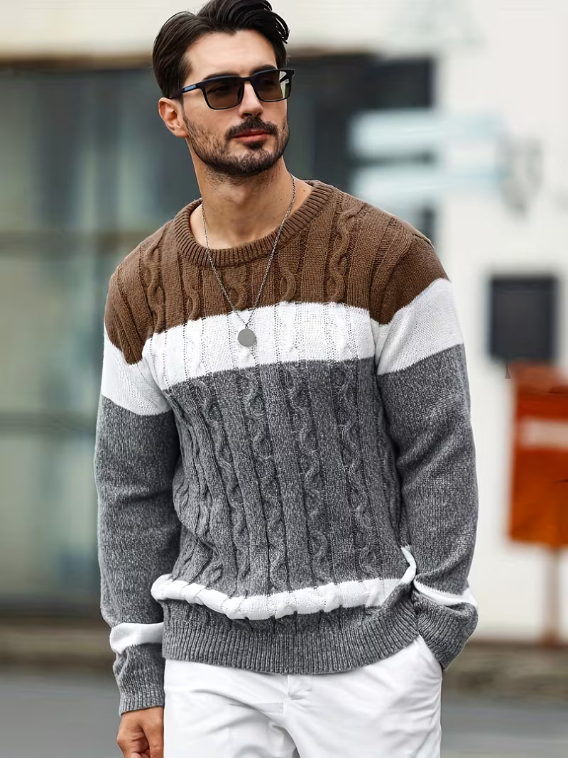 Pull torsadé col rond en maille color block coupe classique homme – Rocamadour
