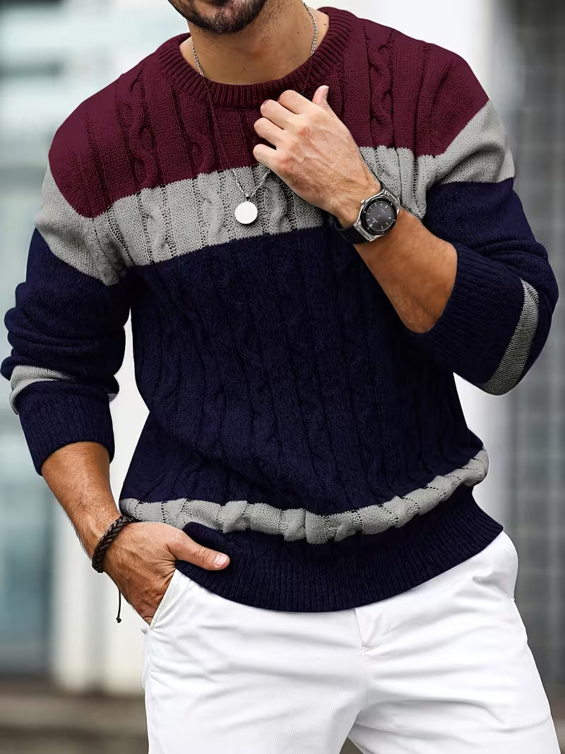Pull torsadé col rond en maille color block coupe classique homme – Rocamadour