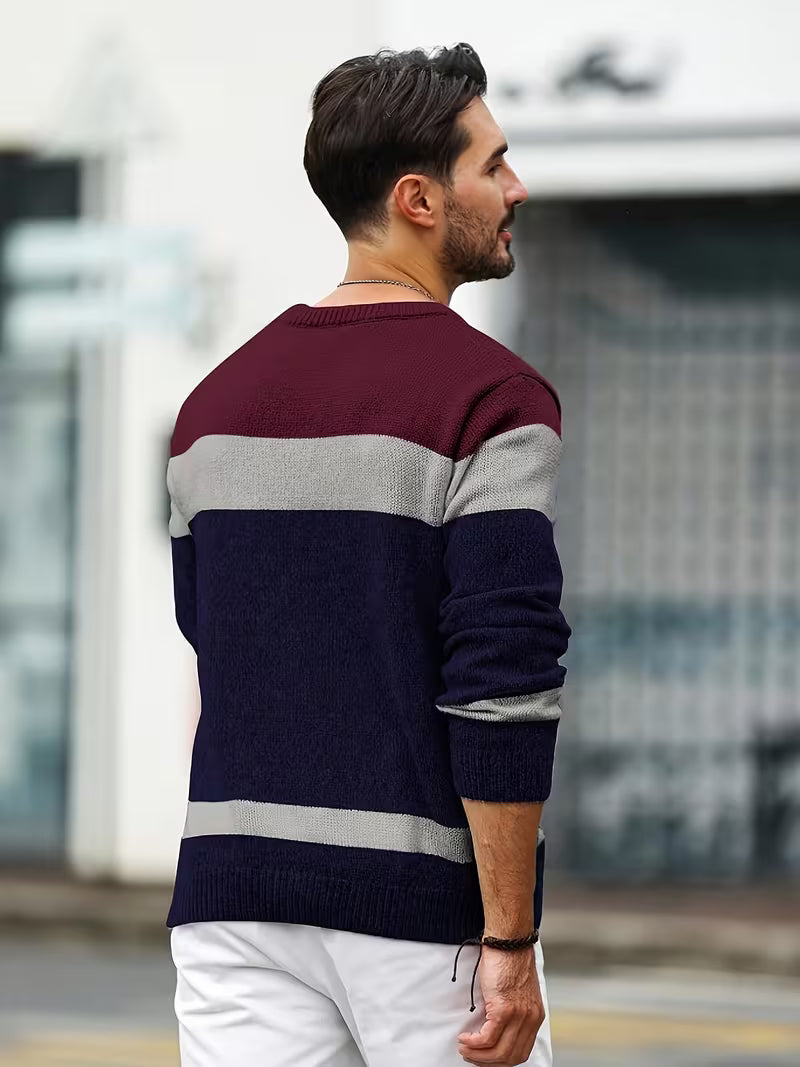 Pull torsadé col rond en maille color block coupe classique homme – Rocamadour