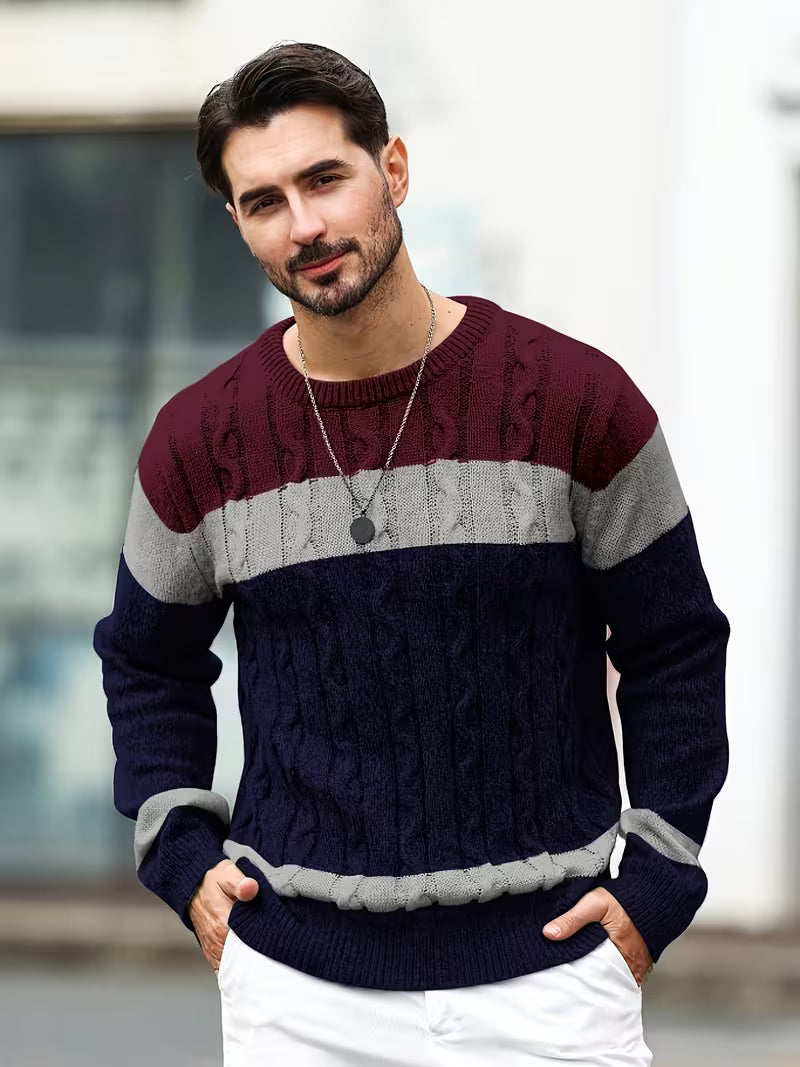 Pull torsadé col rond en maille color block coupe classique homme – Rocamadour