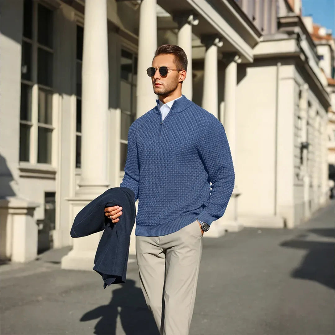 Pull en maille nid d'abeille texturée col montant zippé coupe nette homme – Tarnos