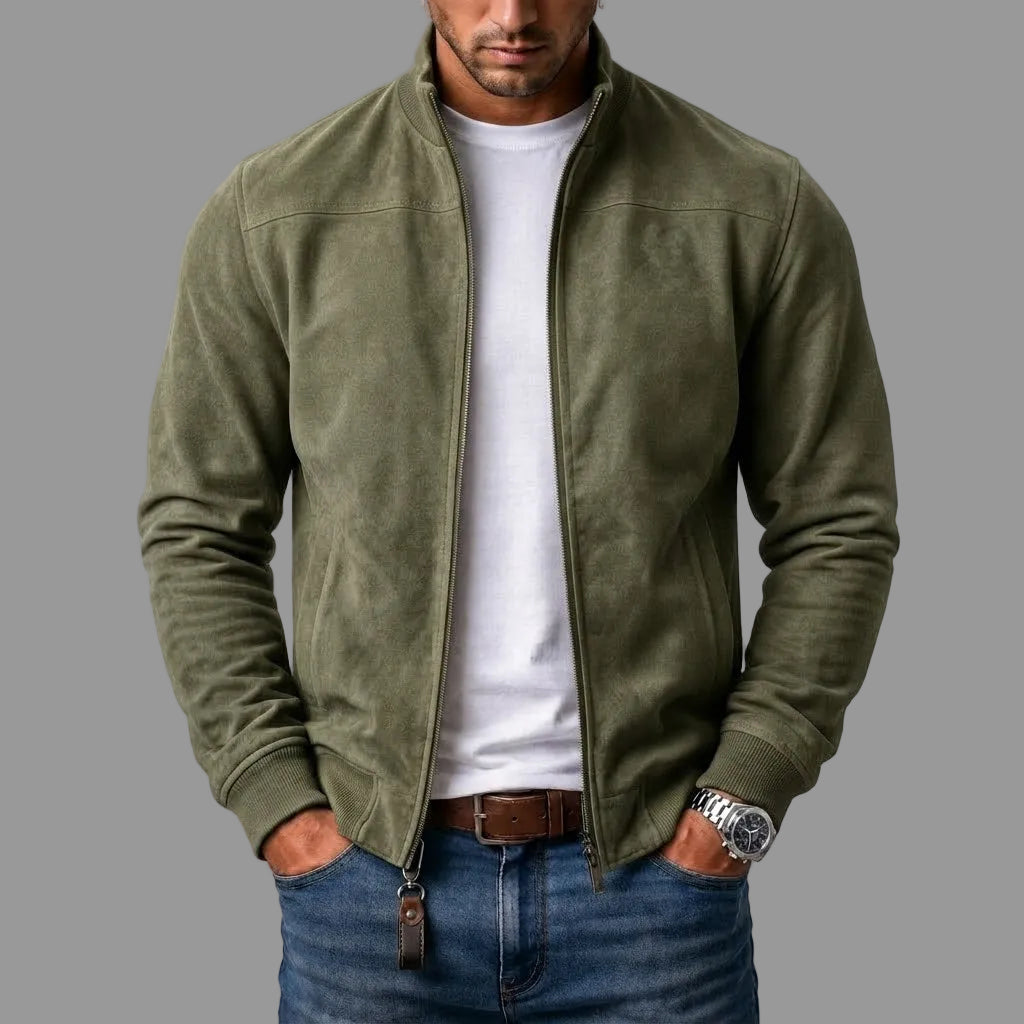 Blouson bomber aspect daim zippé col montant