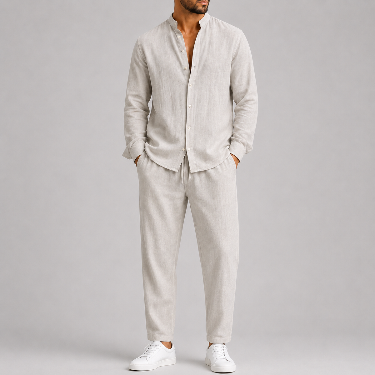 Ensemble d'été chemise col montant et pantalon assorti homme – Montsoreau