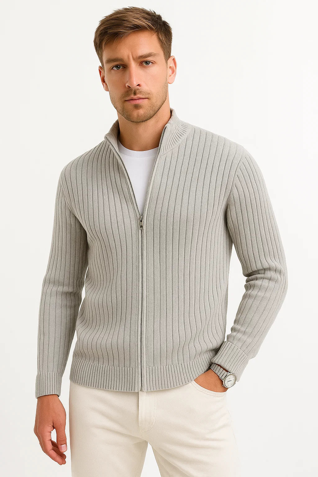 Cardigan classique en tricot côtelé à la finition soignée homme – Beaulieu