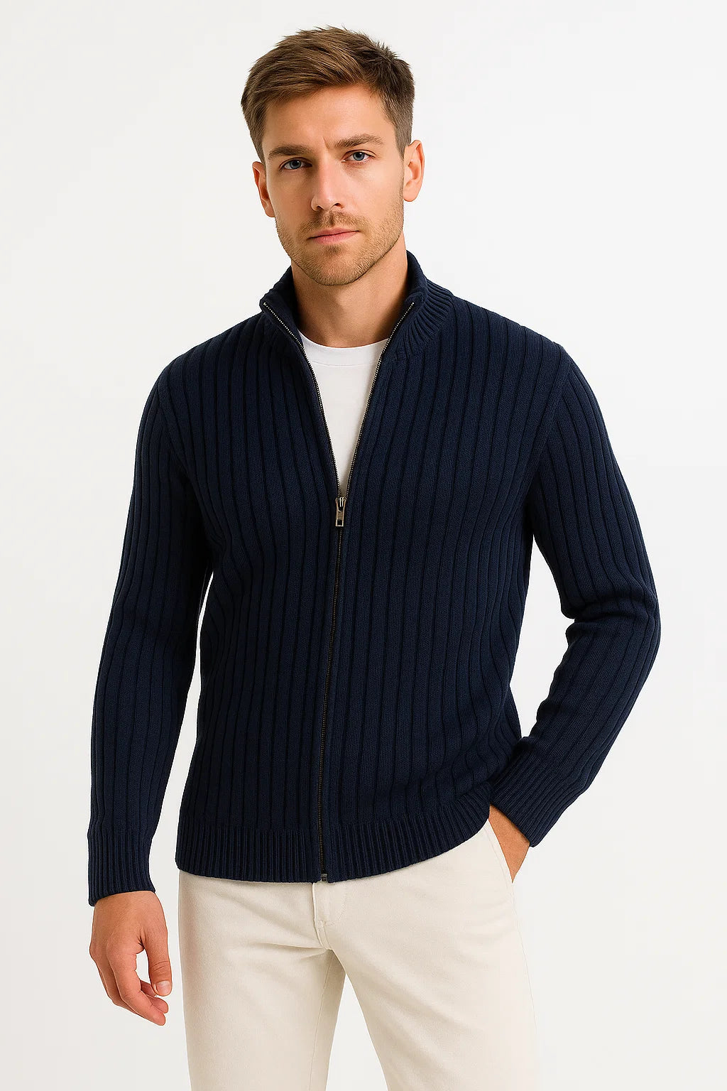 Cardigan classique en tricot côtelé à la finition soignée homme – Beaulieu