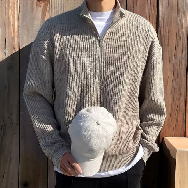 Pull demi-zippé en maille côtelée marine