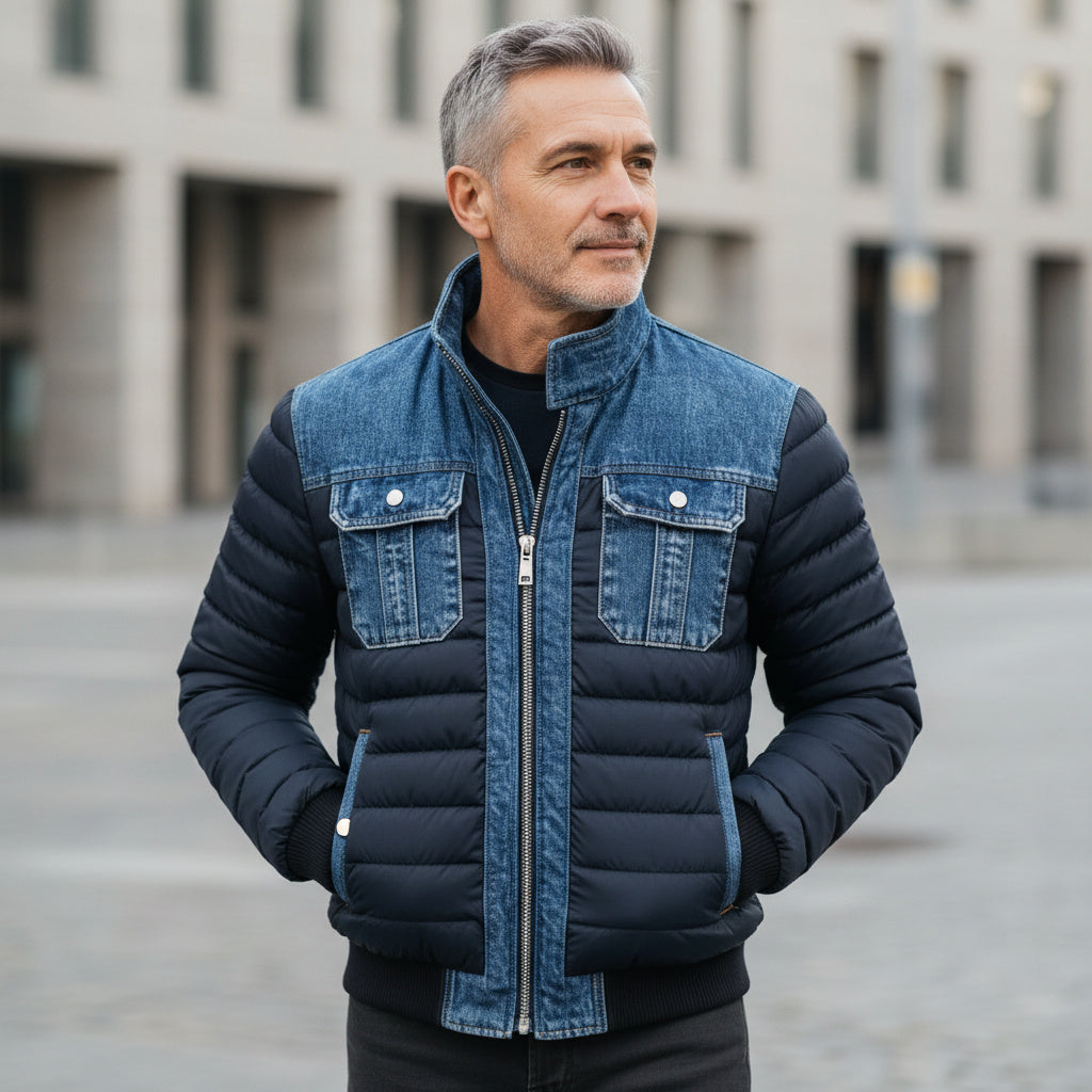 Veste matelassée bleu marine empiècements denim