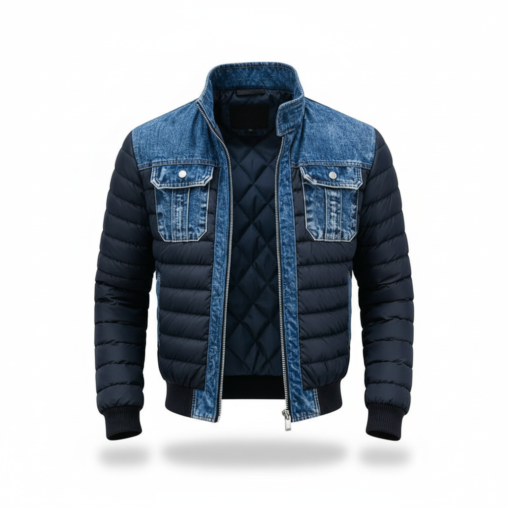 Veste matelassée bleu marine empiècements denim