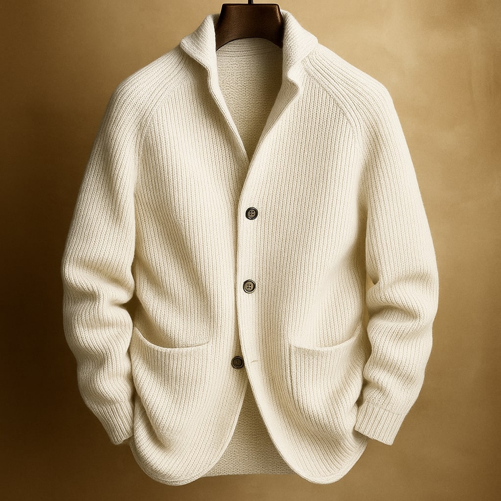 Gilet maille côtelée col châle crème
