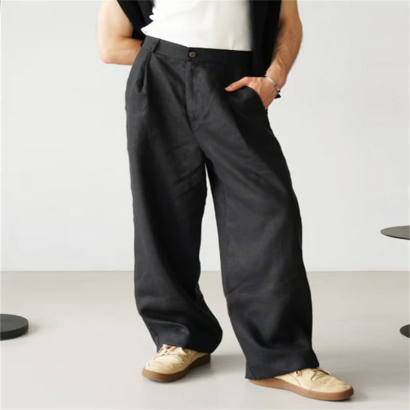 Pantalon large aspect lin à pinces
