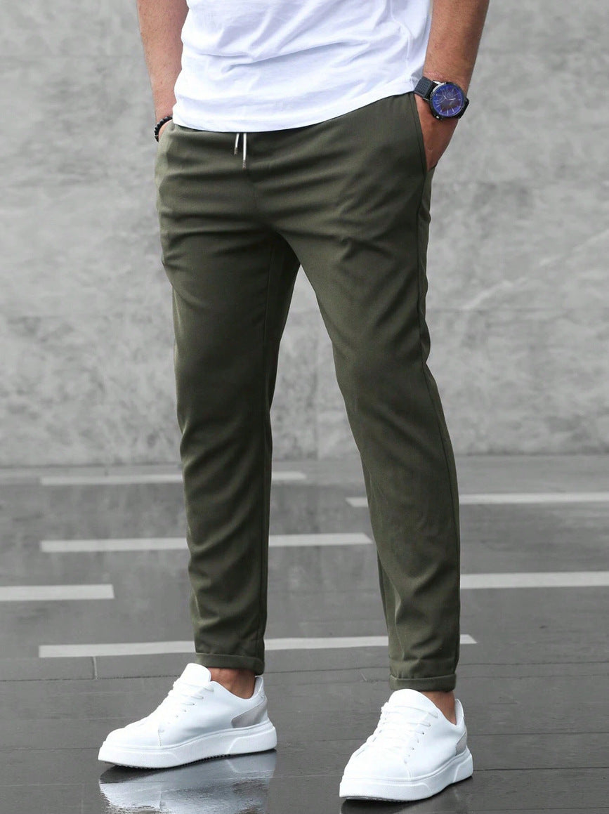 Pantalon taille élastique à cordon coupe fuselée vert homme, vue de face