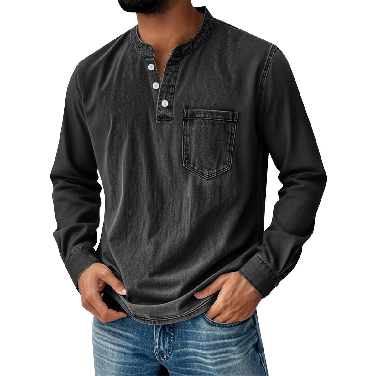 T-shirt manches longues col tunisien délavé