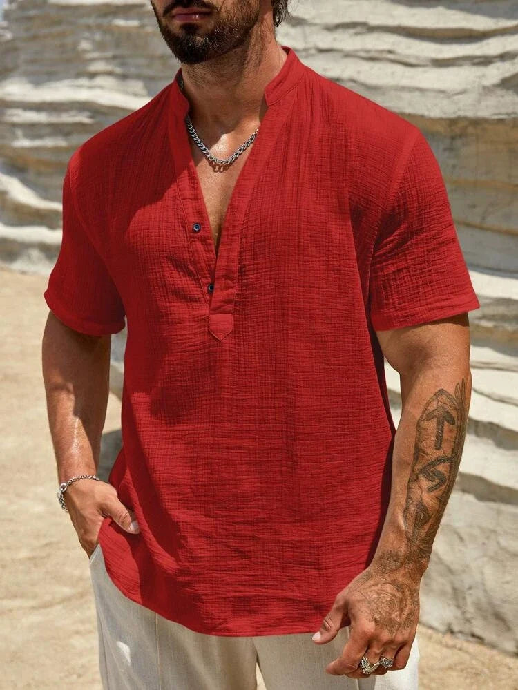 Chemise aspect lin col en V manches courtes