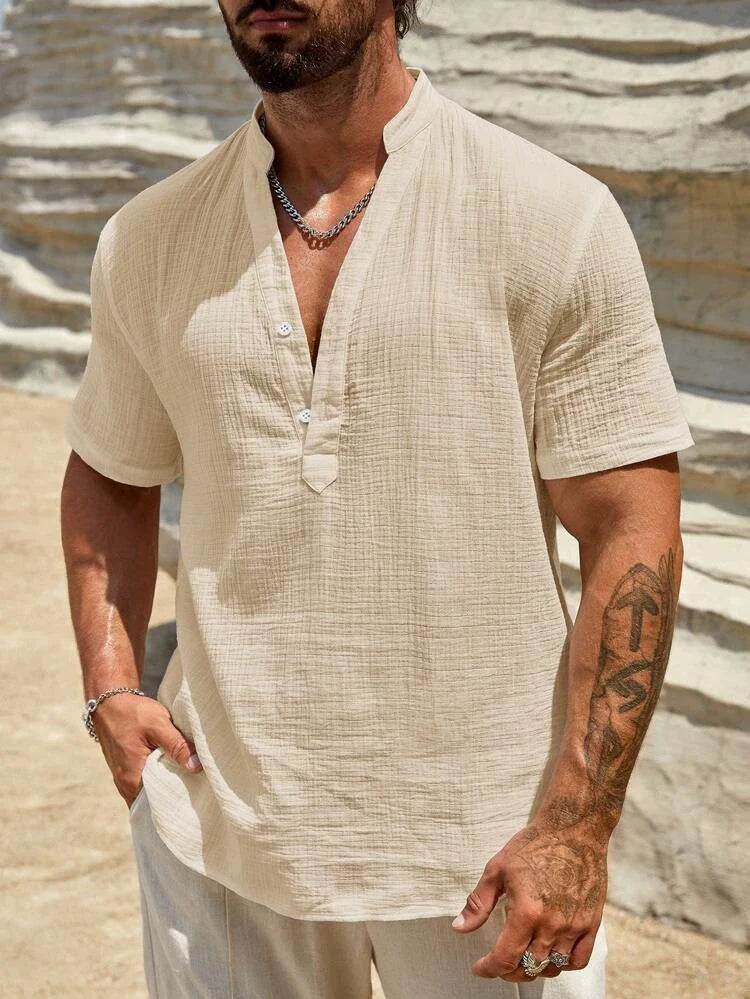 Chemise aspect lin col en V manches courtes
