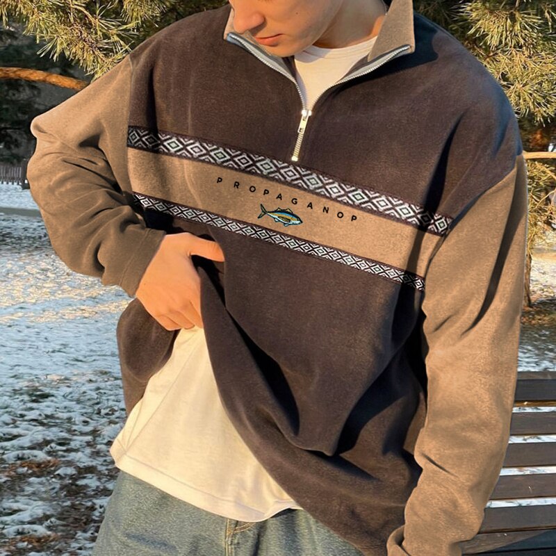 Sweat oversize zippé en polaire douce à motif géométrique imprimé homme – La Flotte