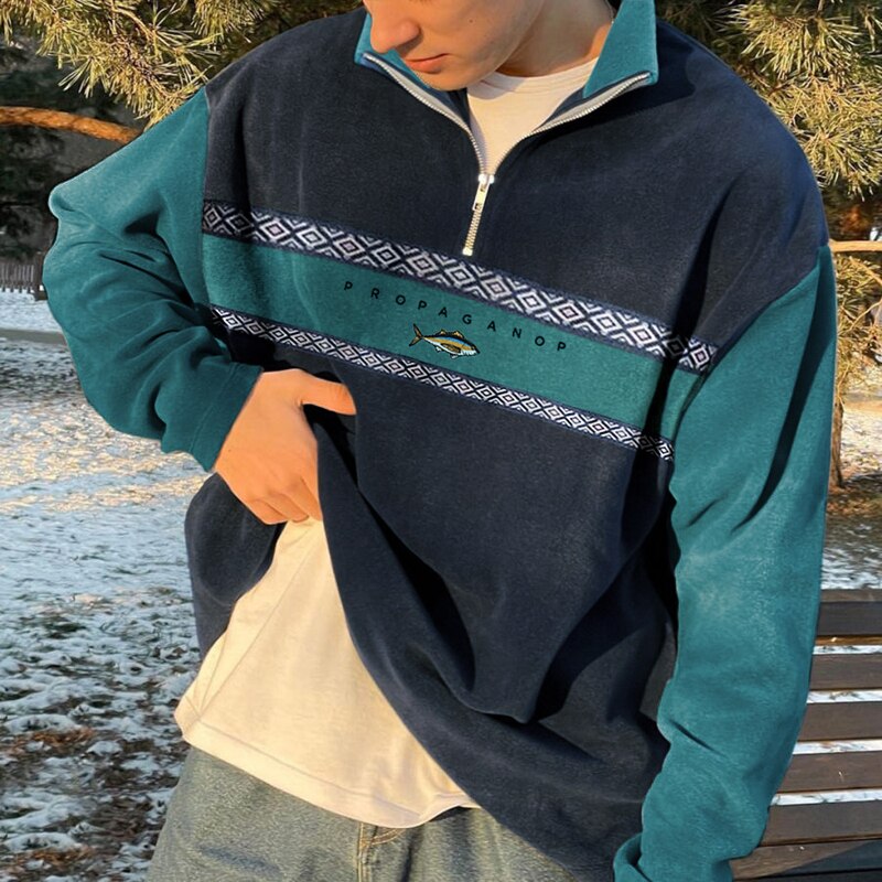 Sweat oversize zippé en polaire douce à motif géométrique imprimé homme – La Flotte