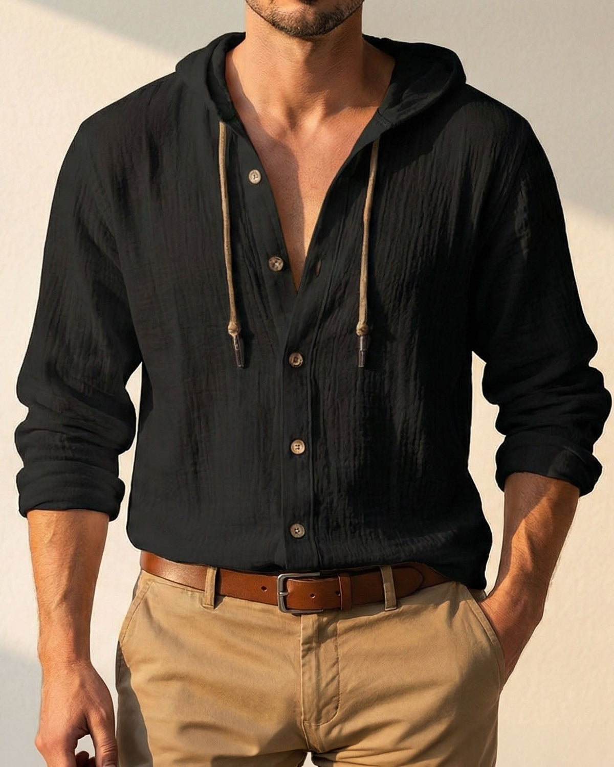 Chemise boutonnée à capuche aspect lin
