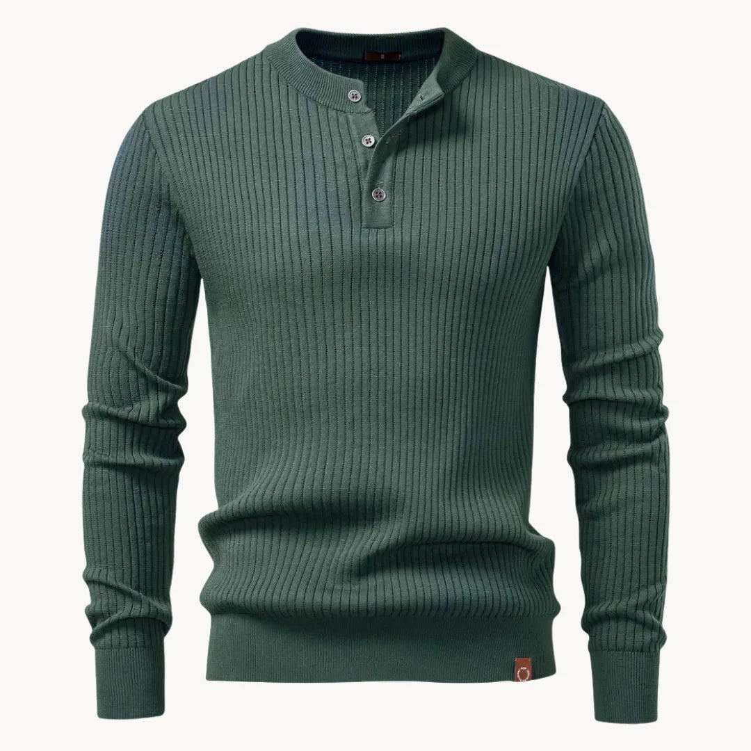 Pull en maille côtelée à col rond boutonné style élégant et raffiné homme – Vert