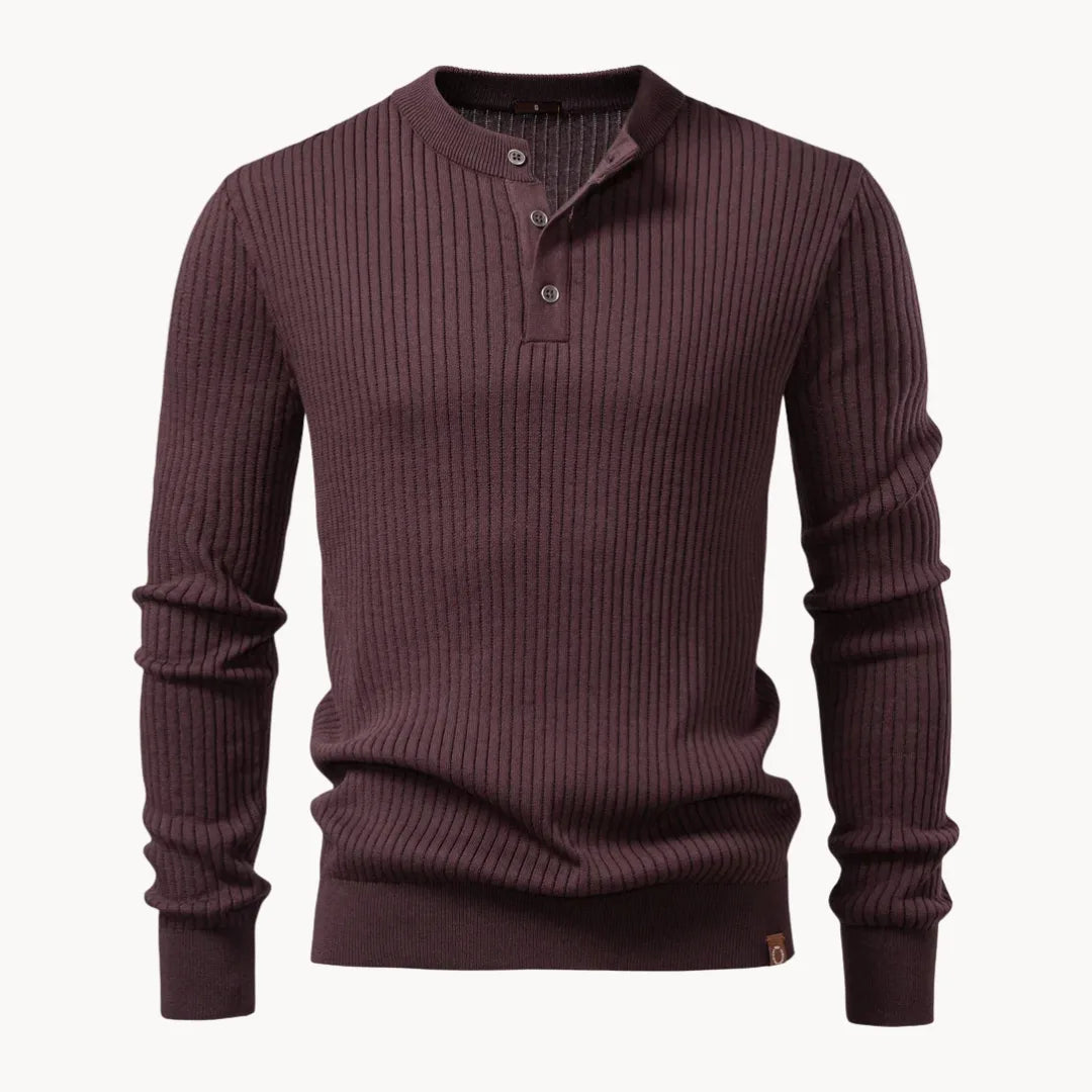 Pull en maille côtelée à col rond boutonné style élégant et raffiné homme – Châtain