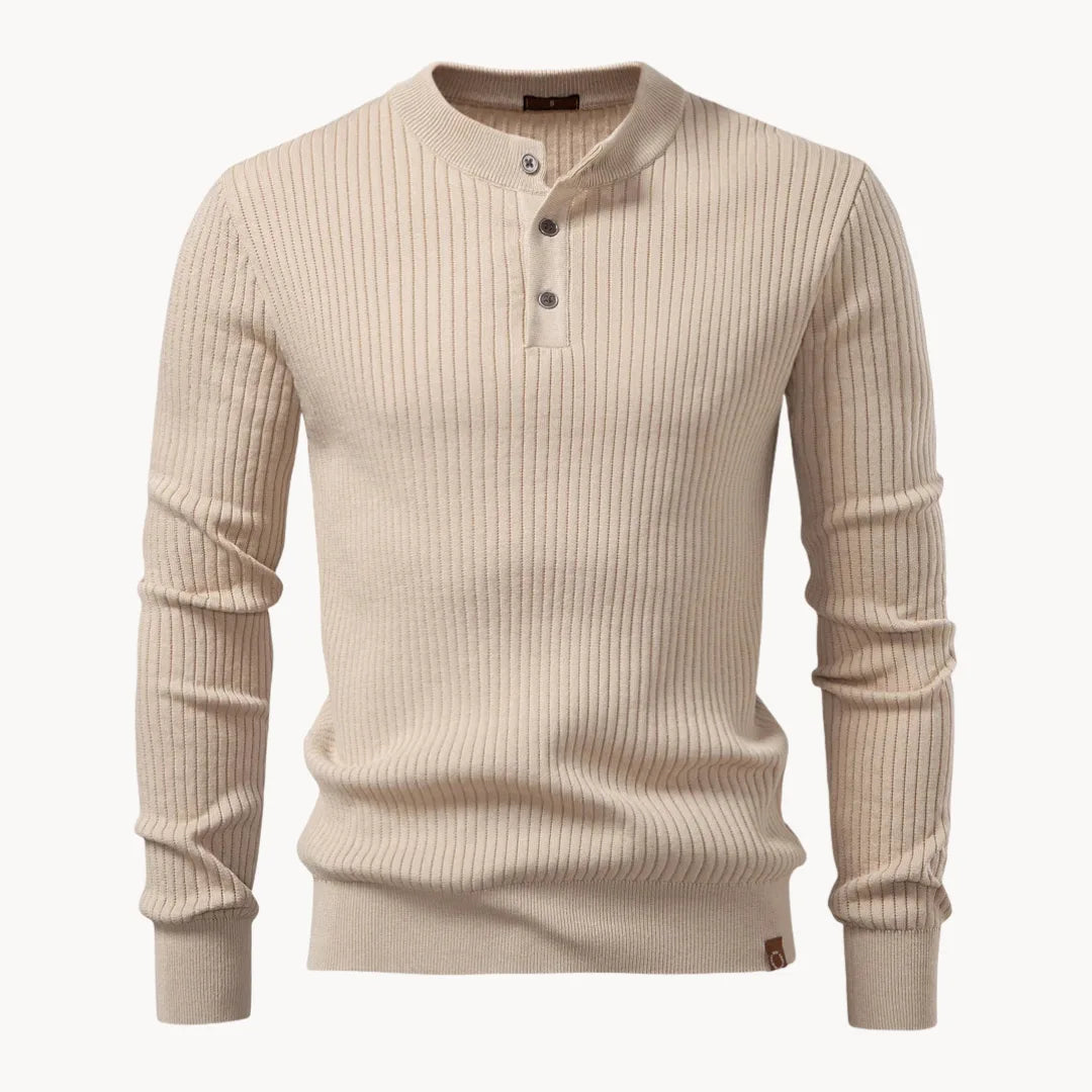 Pull en maille côtelée à col rond boutonné style élégant et raffiné homme – Beige