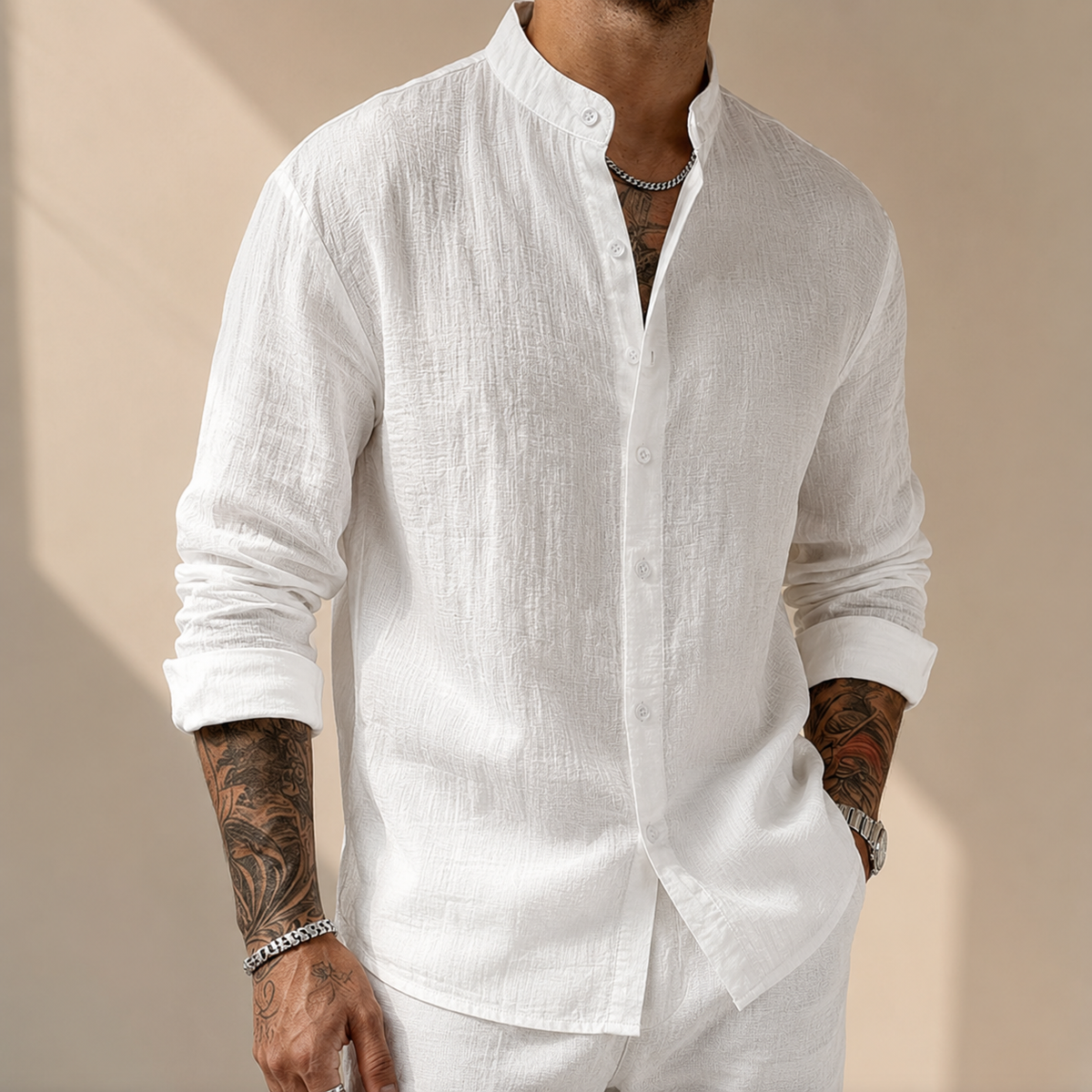 Chemise col henley aspect lin