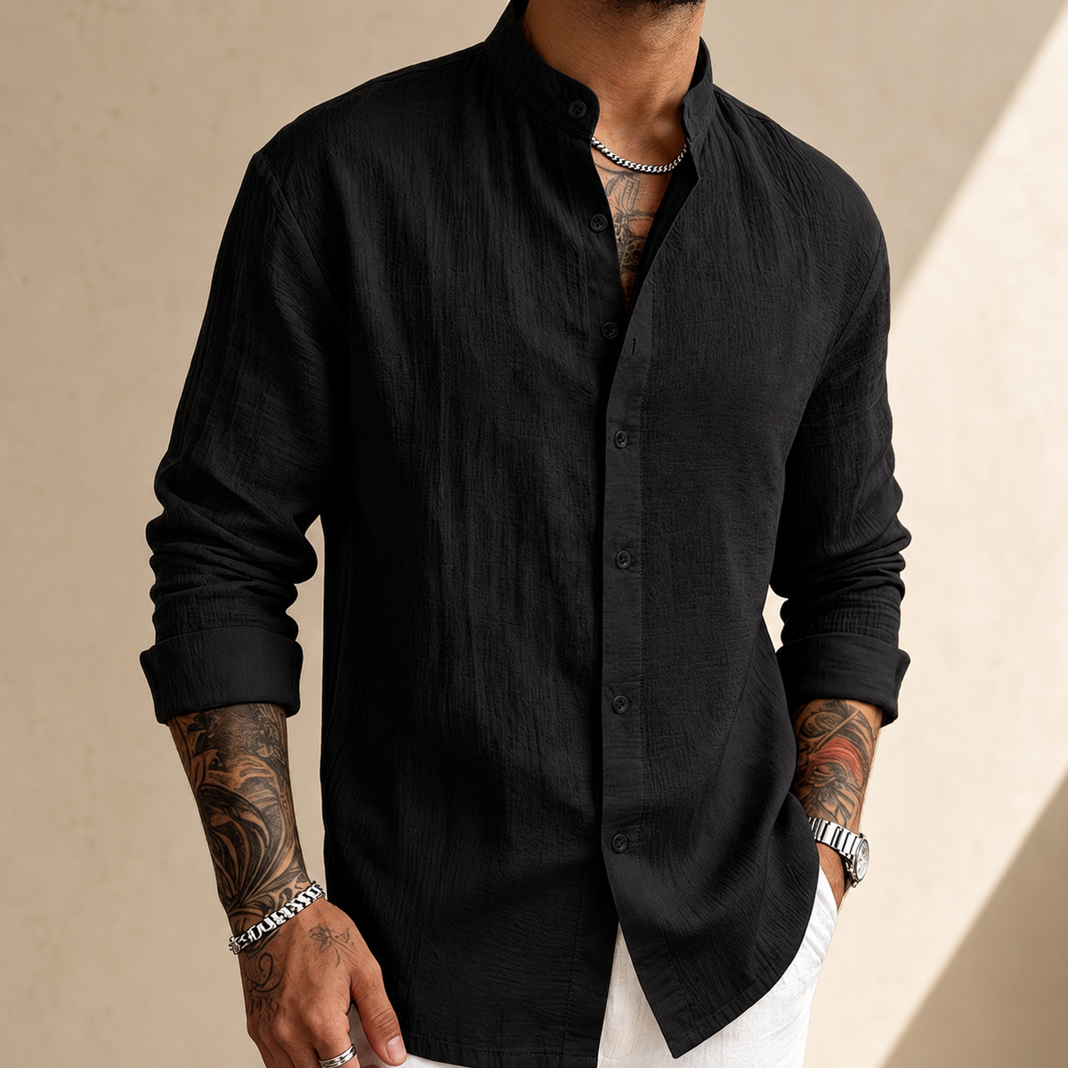 Chemise col henley aspect lin