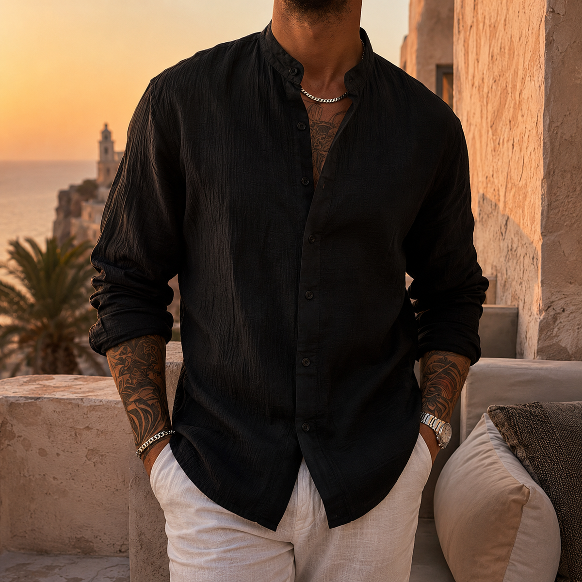 Chemise col henley aspect lin