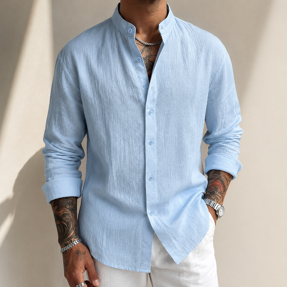Chemise col henley aspect lin