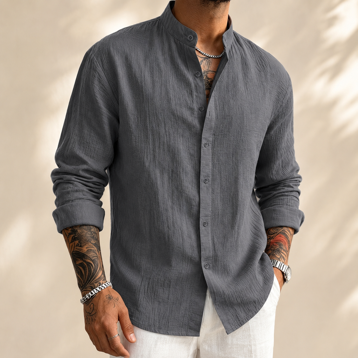 Chemise col henley aspect lin