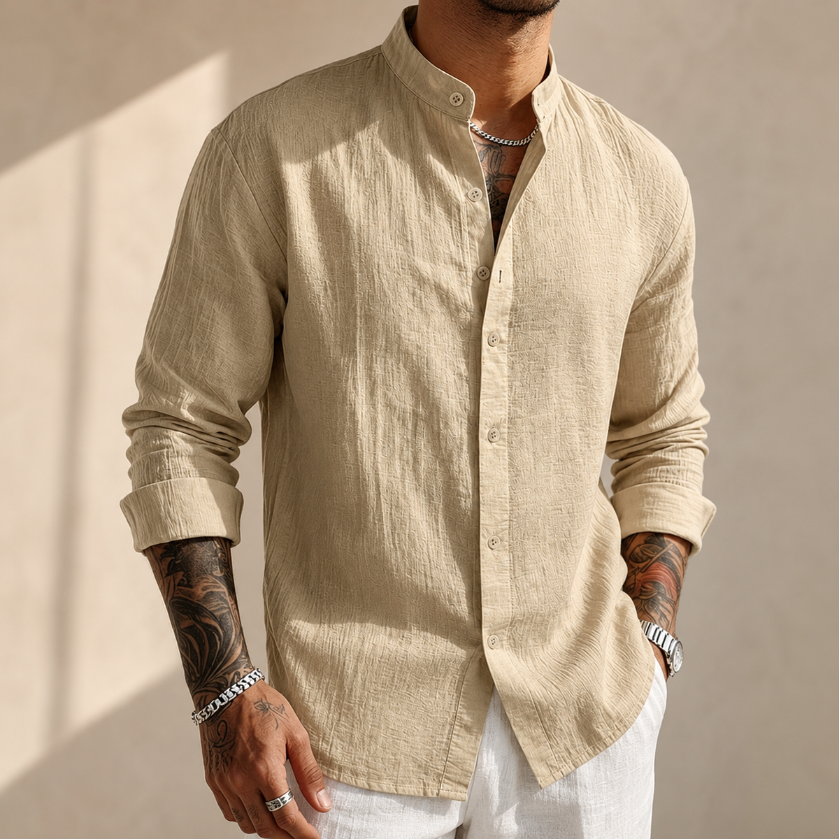 Chemise col henley aspect lin