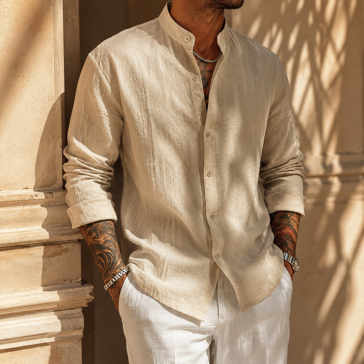 Chemise col henley aspect lin
