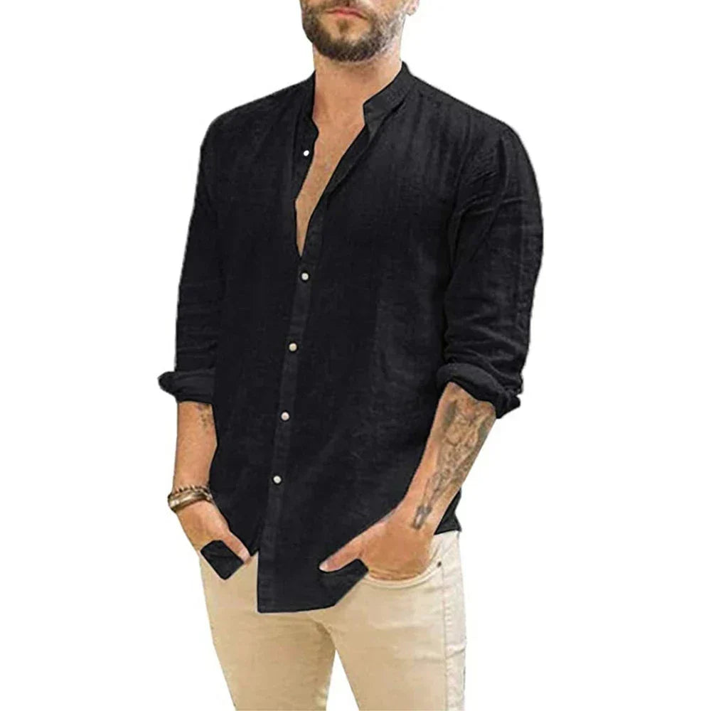 Chemise en lin col officier manches longues homme – Pierre-Charron