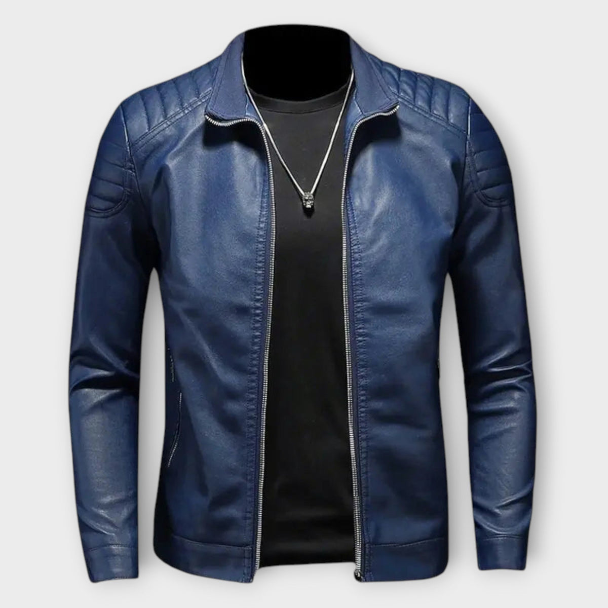 Veste effet cuir bleue col montant matelassé