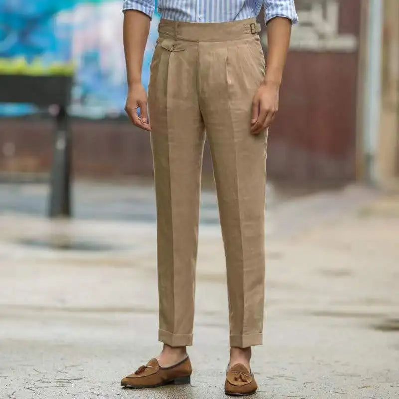 Pantalon en lin taille haute coupe tailleur élégant décontracté homme – Bazas