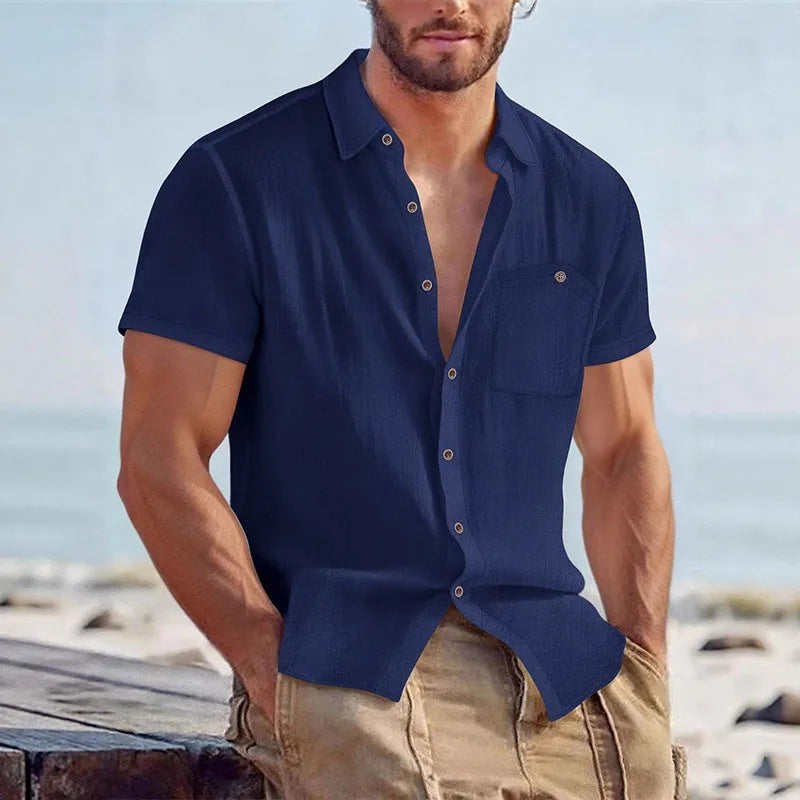 Chemise d’été col ouvert aspect lin