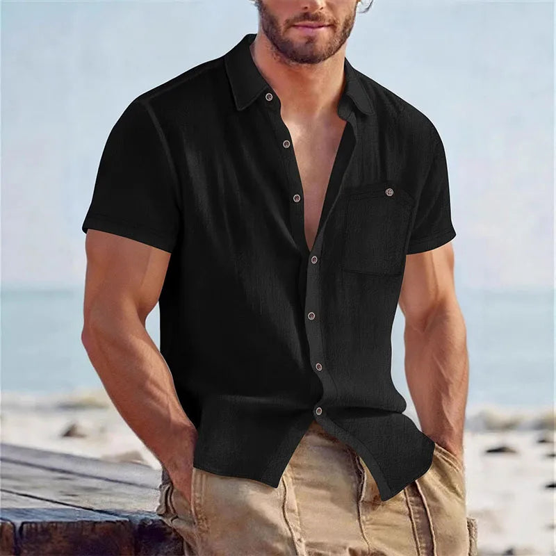 Chemise d’été col ouvert aspect lin