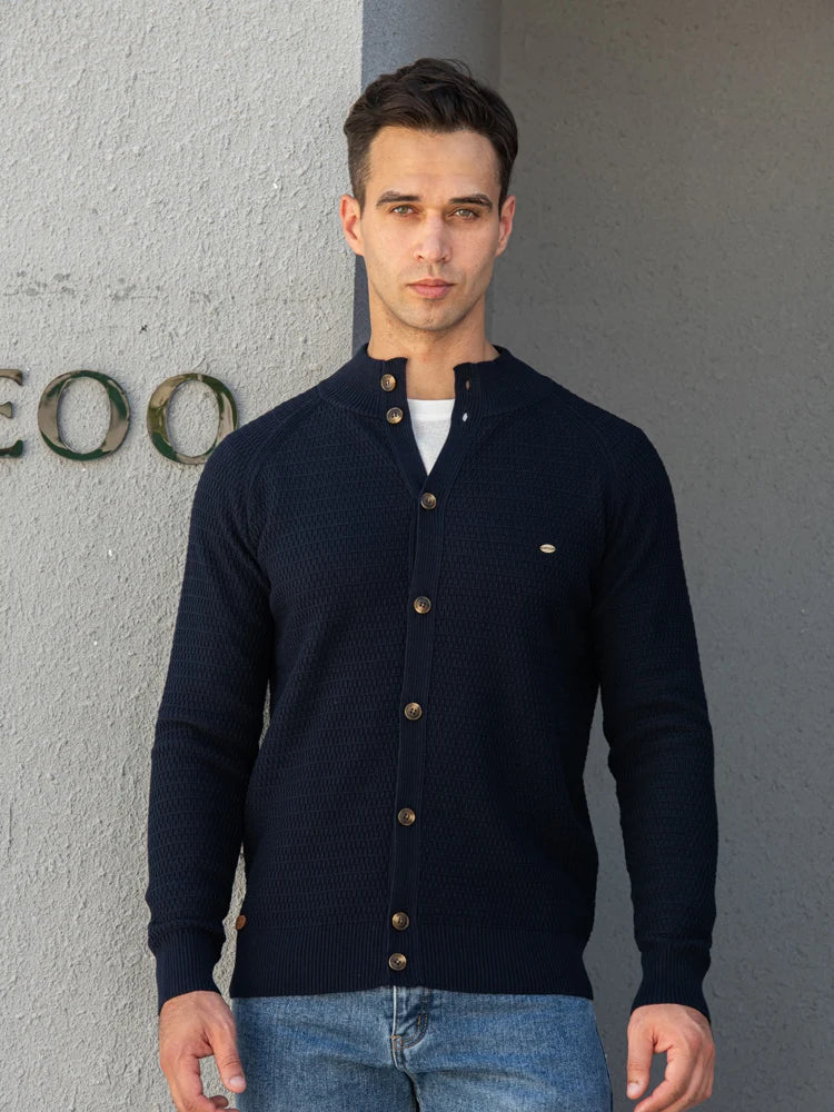 Cardigan col montant boutonné maille texturée marine