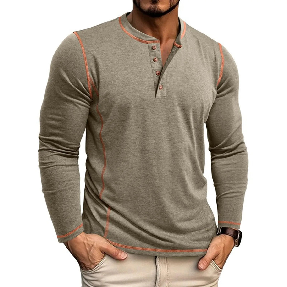 T-shirt manches longues col tunisien surpiqûres