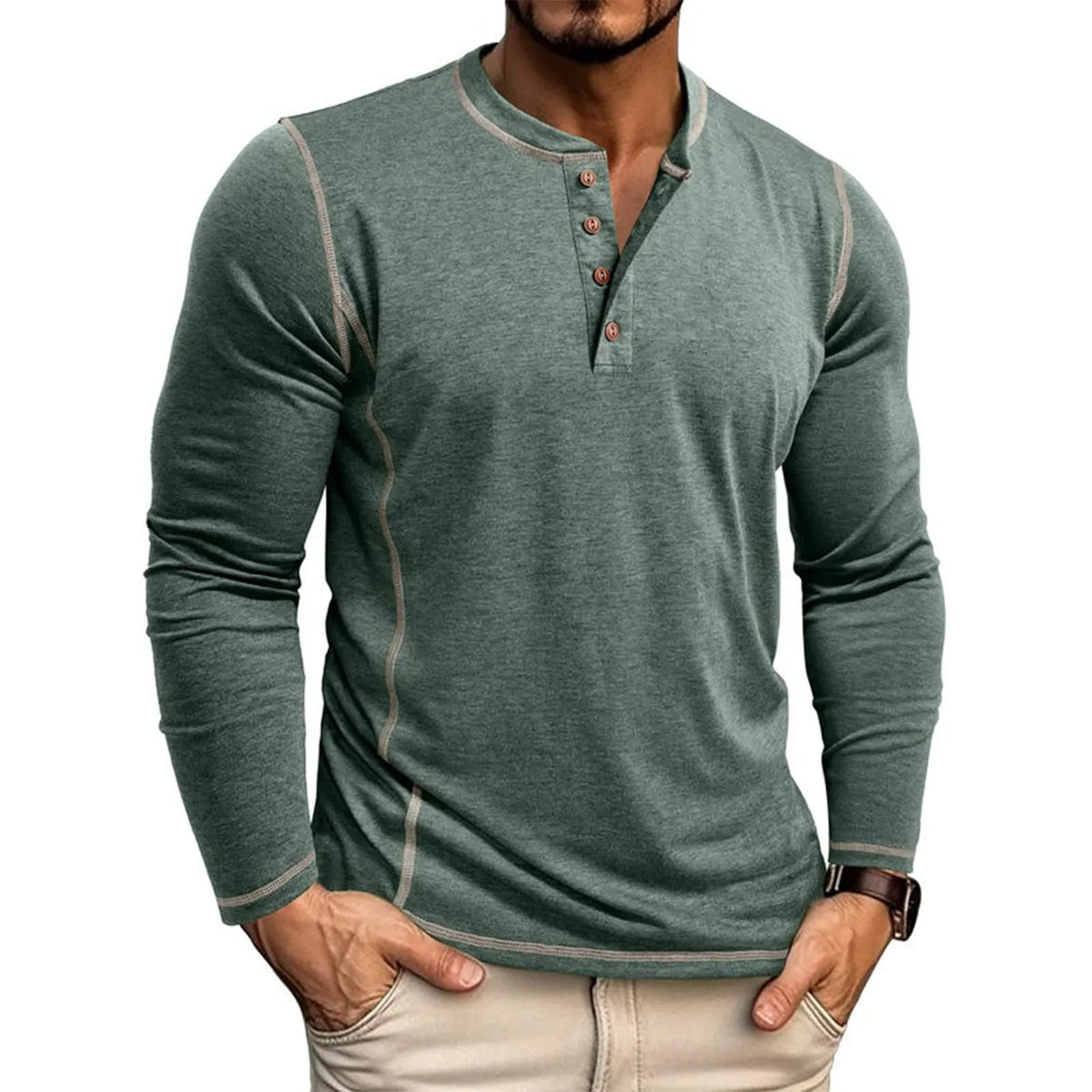 T-shirt manches longues col tunisien surpiqûres