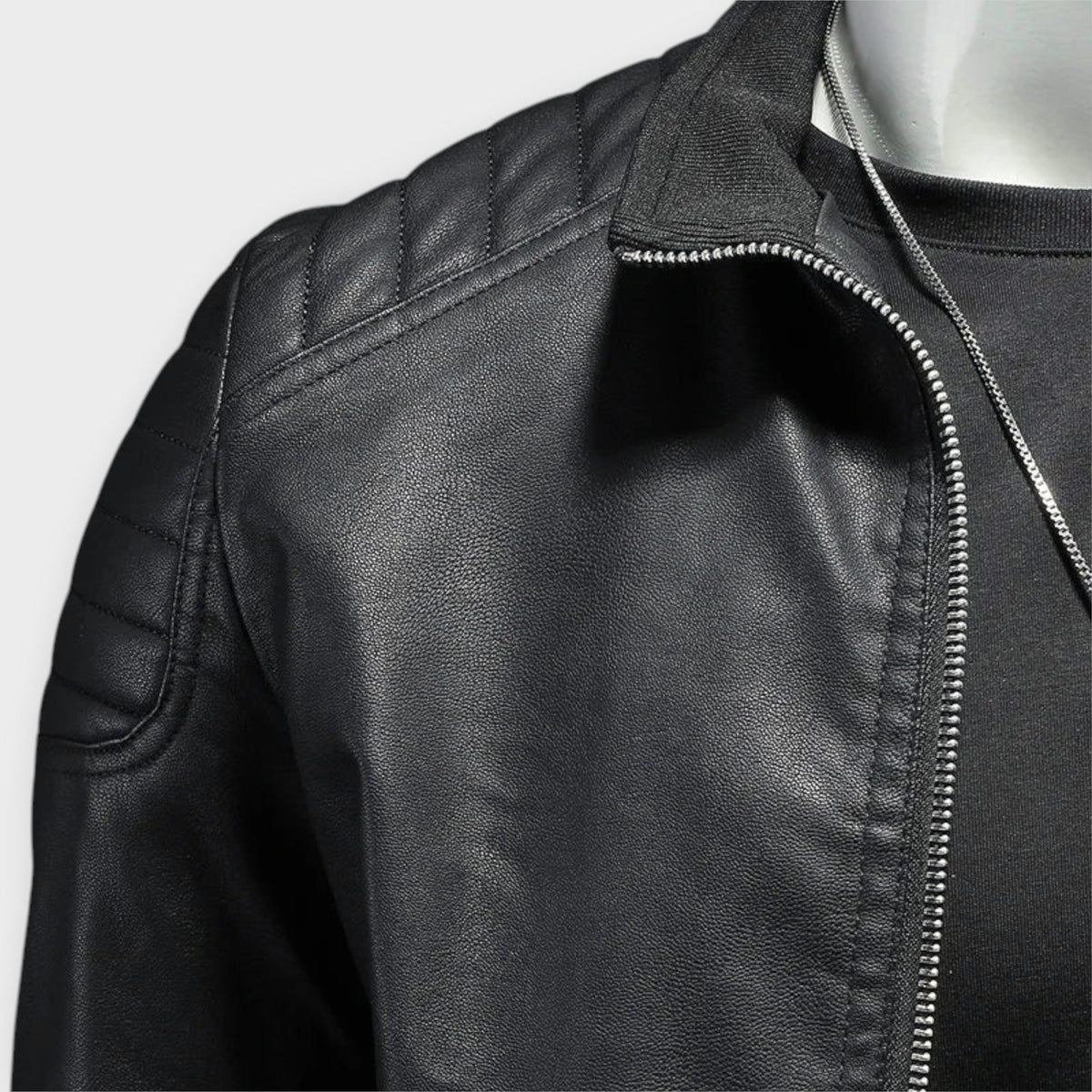 Veste effet cuir bleue col montant matelassé