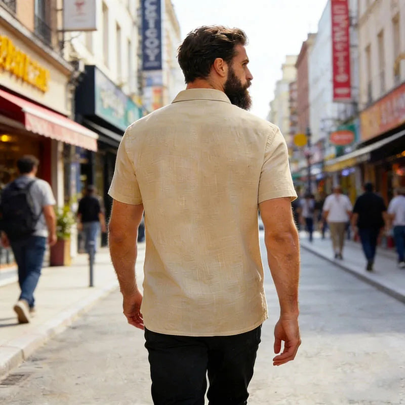 Chemise d’été col ouvert aspect lin