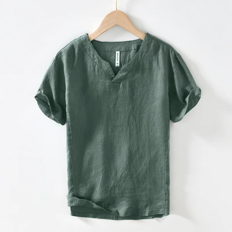 Chemise aspect lin col V manches courtes