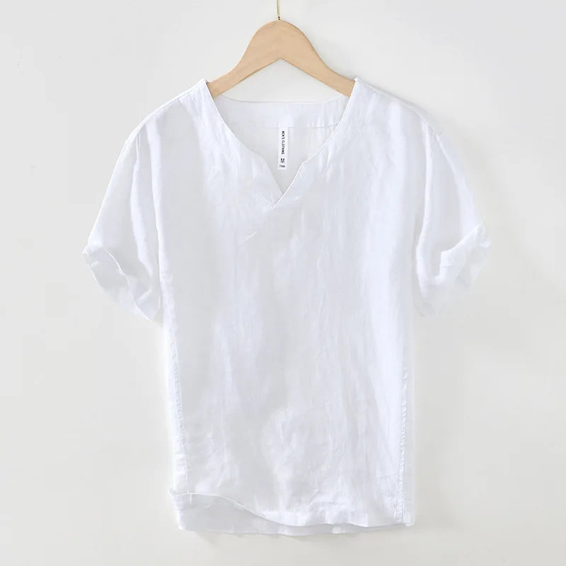 Chemise aspect lin col V manches courtes