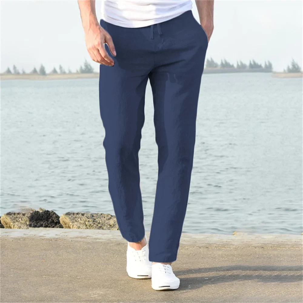 Pantalon droit aspect lin beige