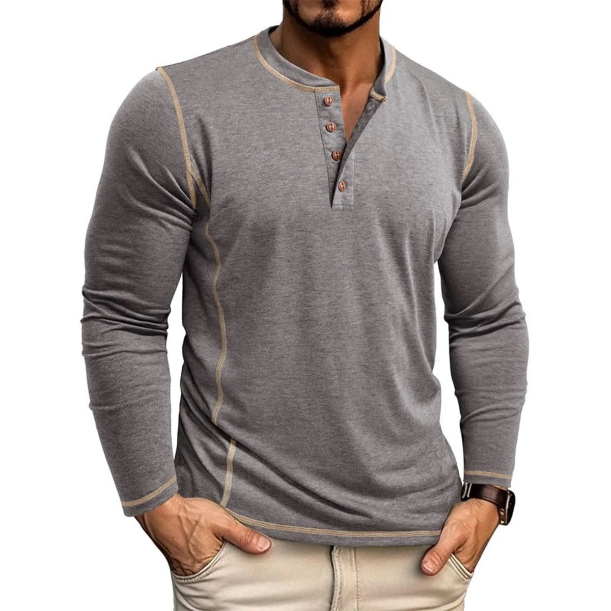 T-shirt manches longues col tunisien surpiqûres
