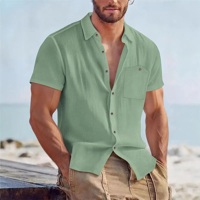 Chemise d’été col ouvert aspect lin