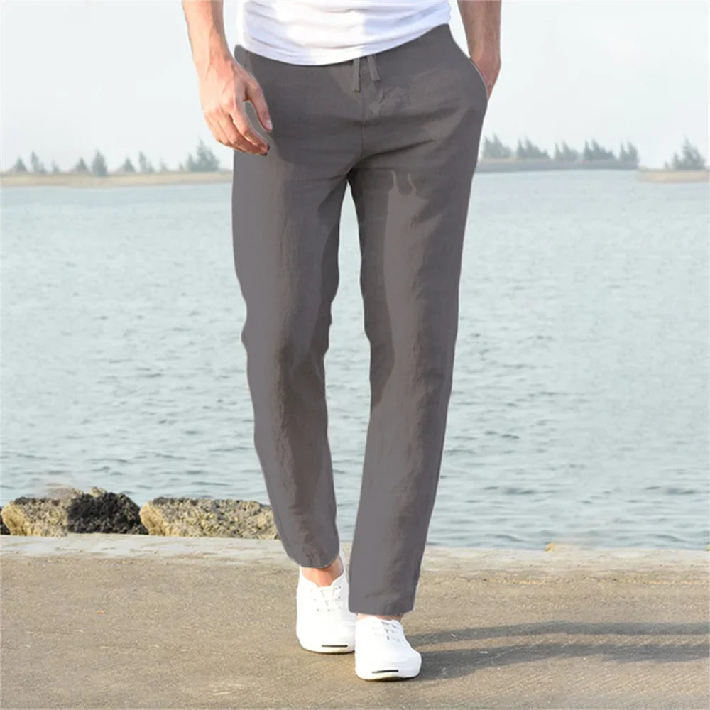 Pantalon droit aspect lin beige