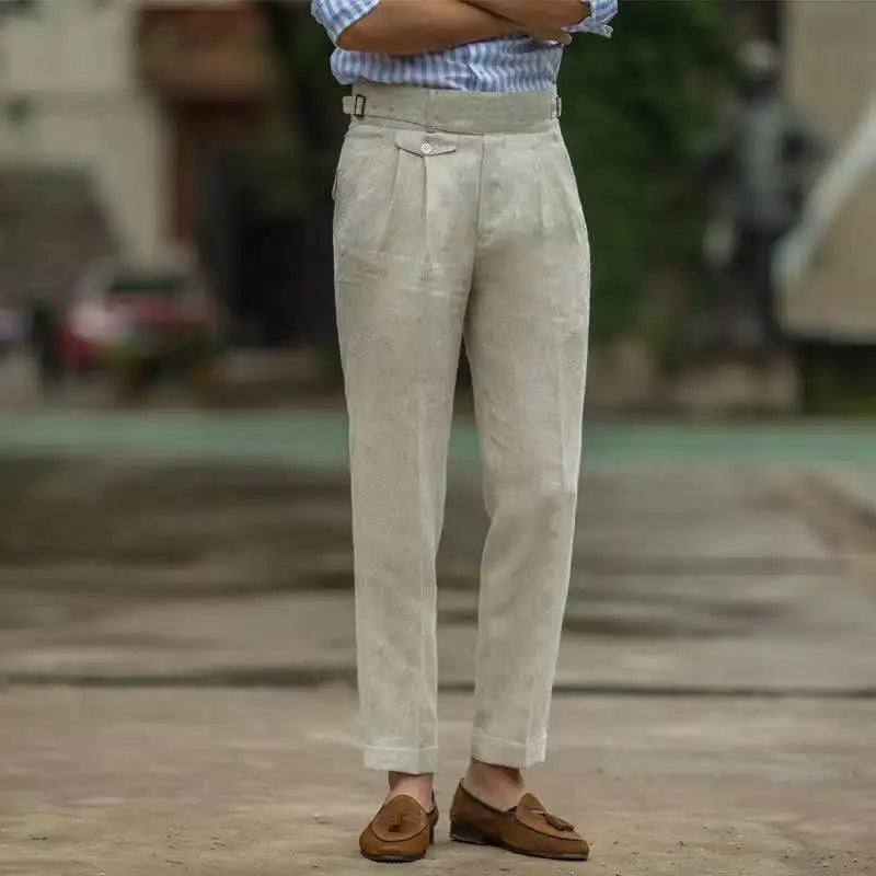 Pantalon en lin taille haute coupe tailleur élégant décontracté homme – Bazas