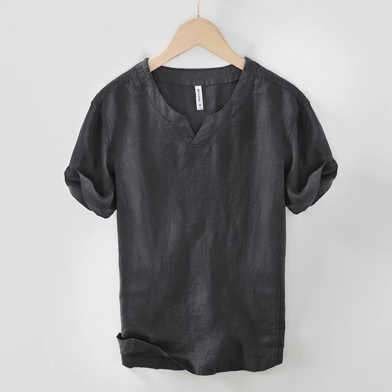 Chemise aspect lin col V manches courtes